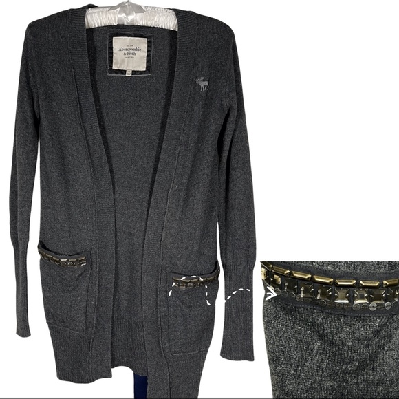 Abercrombie & Fitch Open Front Pocket Long Cardigan Sweater, Dark Grey, size XS - Picture 2 of 4